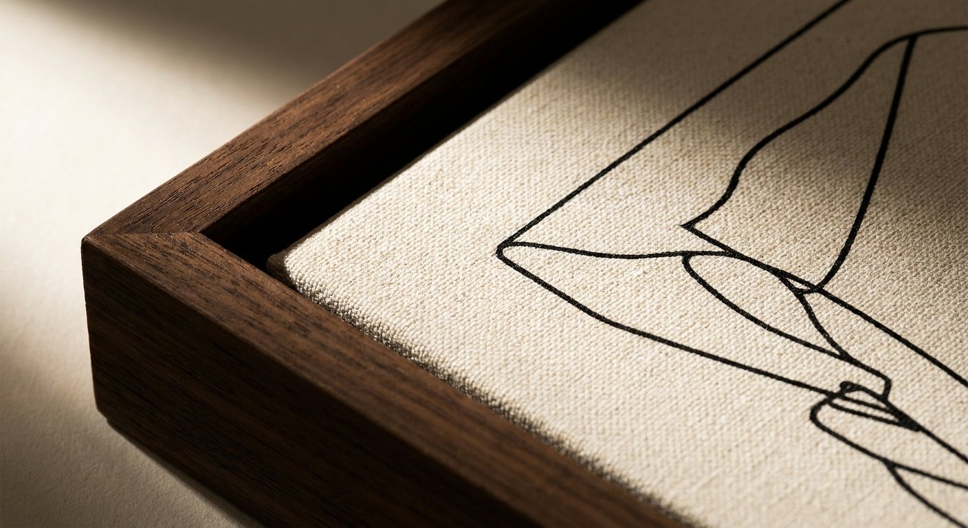 A detailed close-up of a modern geometric print on a textured Framed Canvas, showcasing the premium ink quality and dark wood frame craftsmanship.