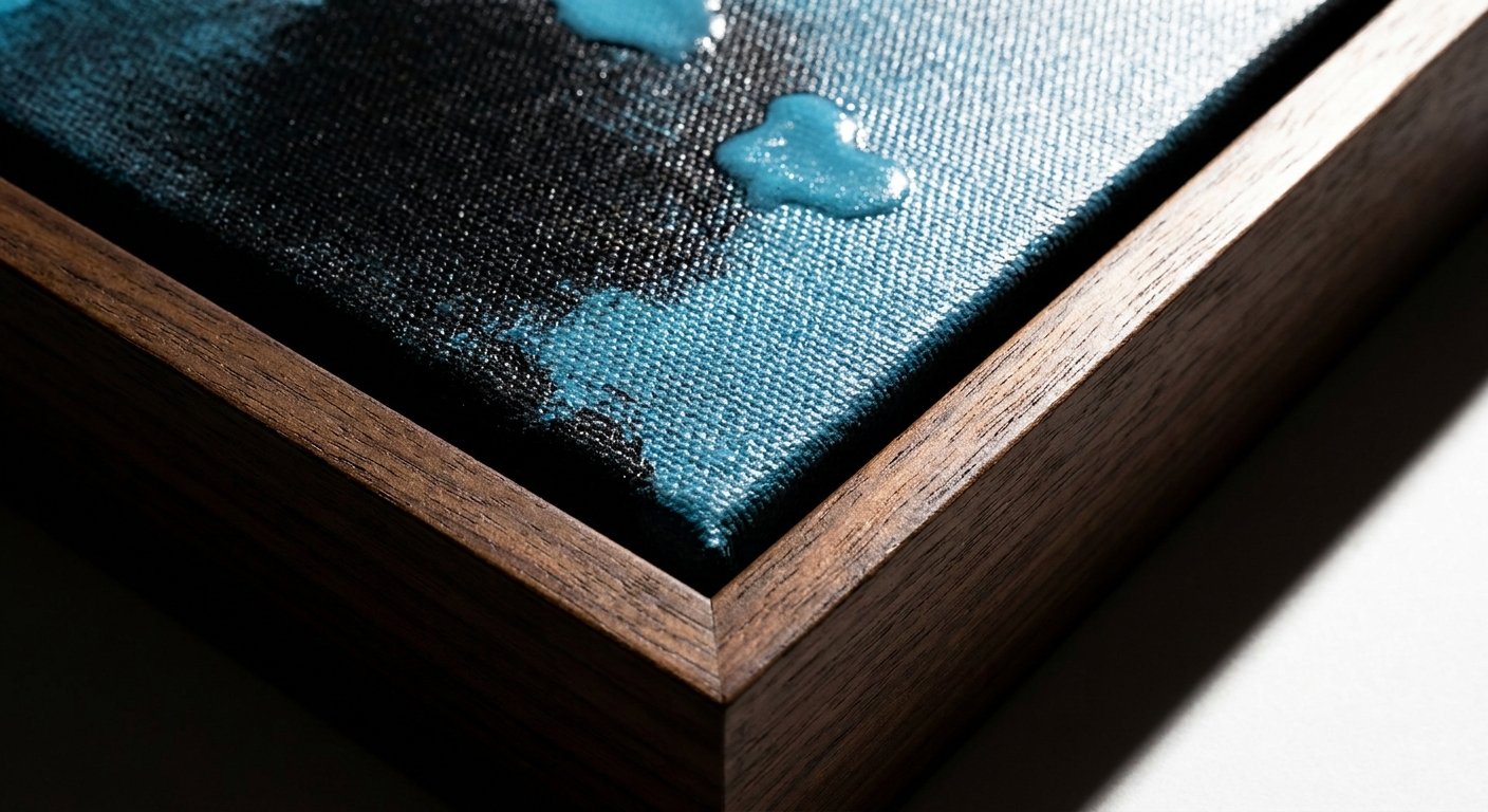 Close-up detail of a Wolf Stack Framed Canvas, showcasing the rich texture and wood grain vital for premium brand culture office decor.