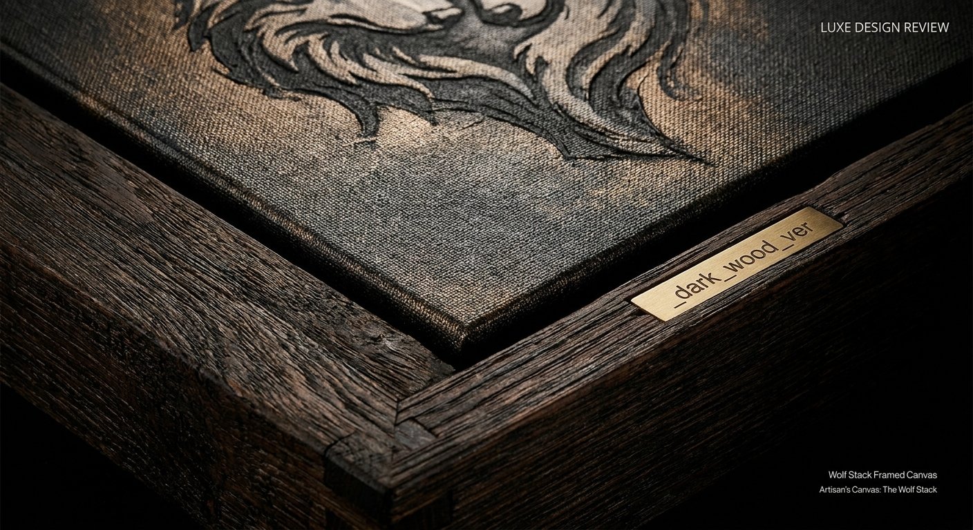 Detailed close-up of a Wolf Stack Framed Canvas, highlighting the rich texture and dark wood frame in a minimalist masculine design.