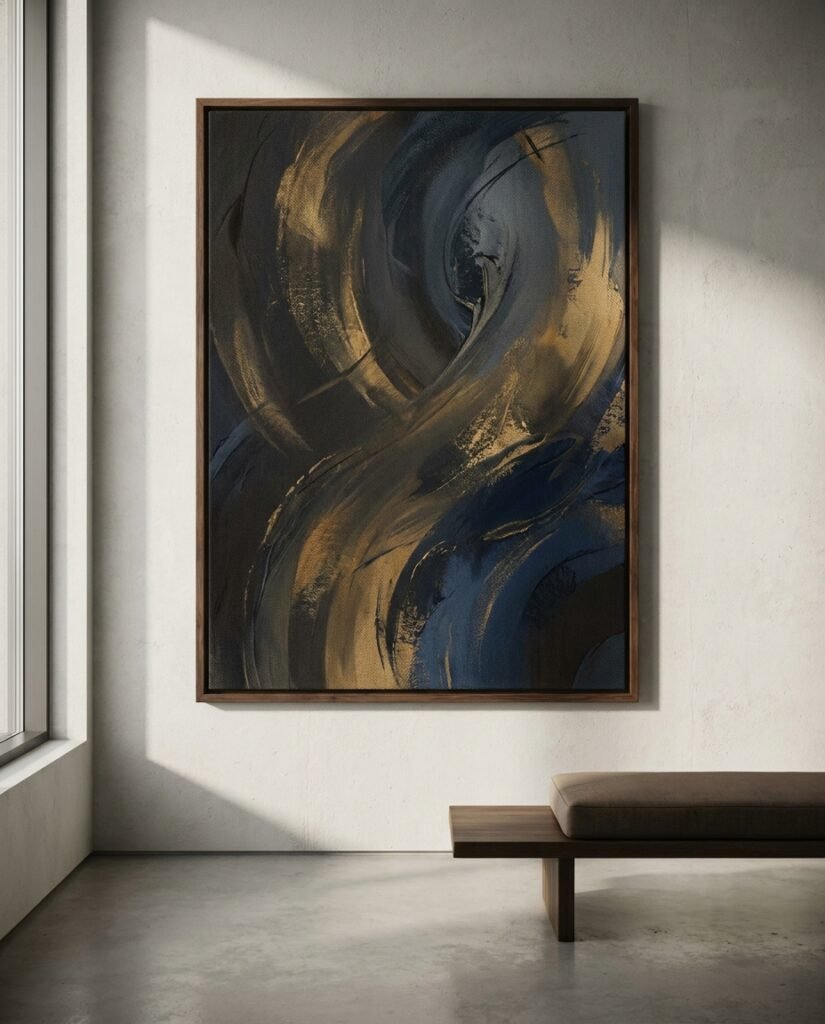 Luxury boutique interior art featuring a large framed canvas with AI-generated abstract design, setting a tone of high end retail decor.