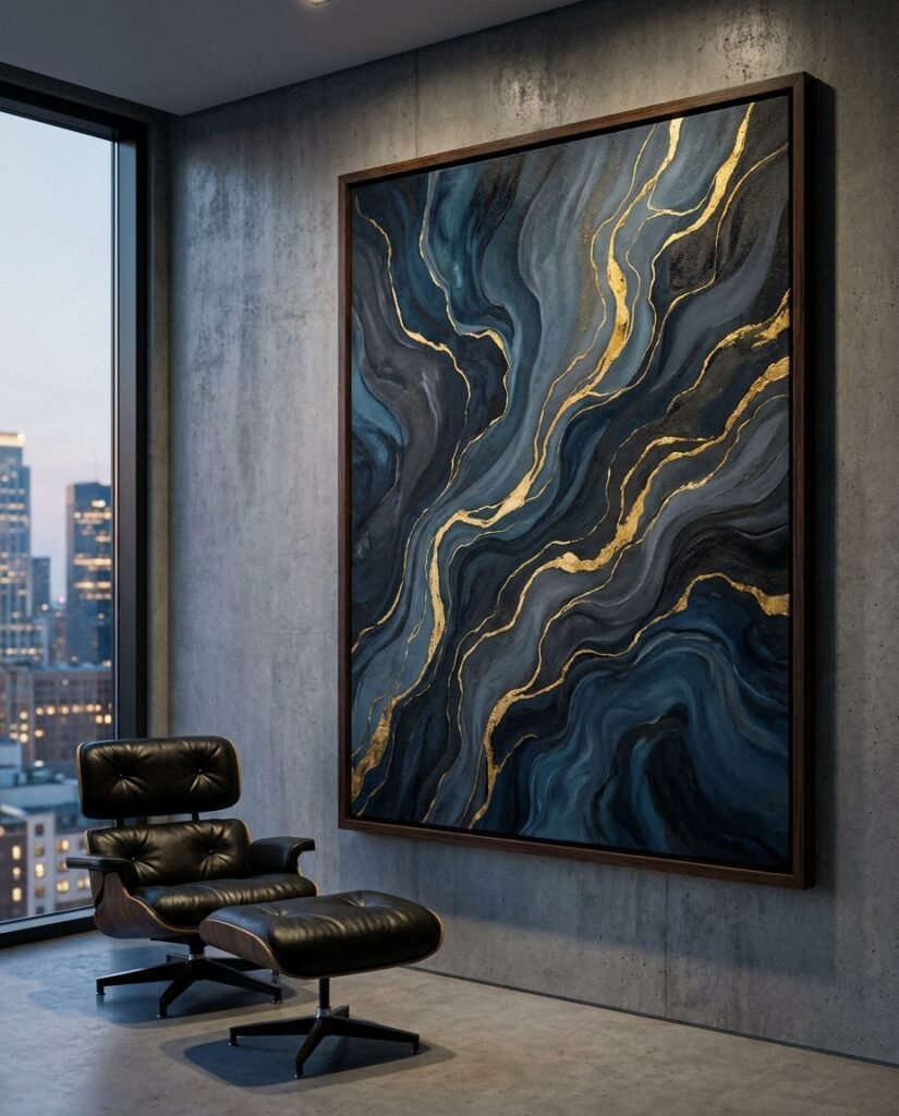A large Framed Canvas displaying abstract AI art, demonstrating prestige bias office art in a minimalist luxury executive suite.