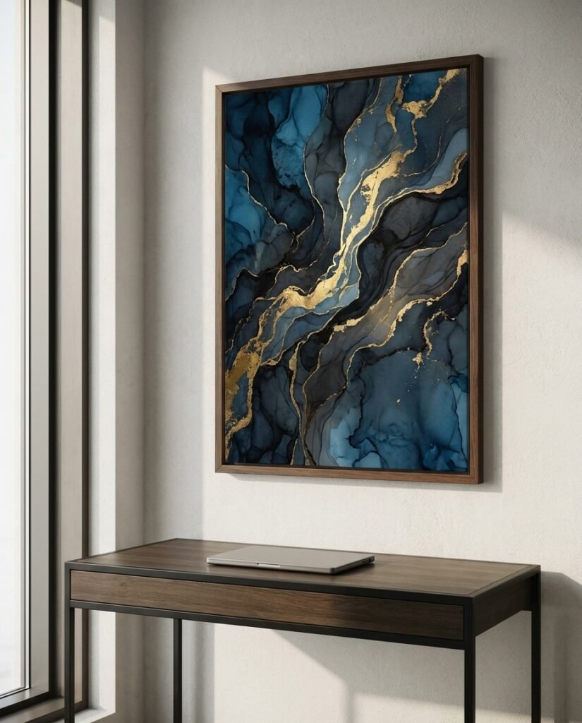 An art collector guide visually represented by a large Framed Canvas with AI art in a luxury office, symbolizing how to invest in art status.