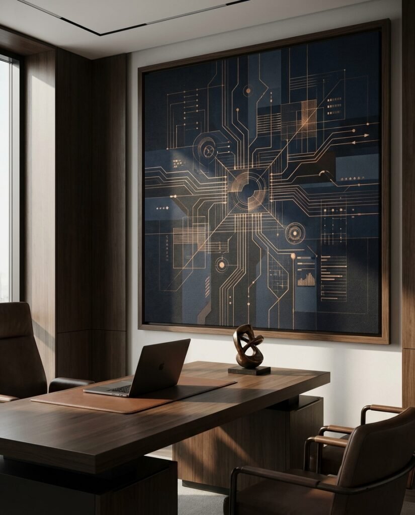Luxury home office design featuring a large Framed Canvas with abstract AI art, setting the tone for an executive command center.