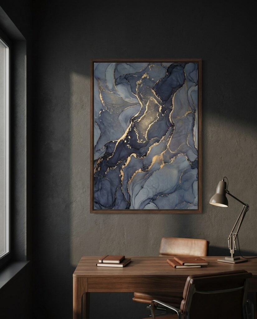 A large Framed Canvas displaying flow state workspace art in a minimalist luxury office, designed for deep work.