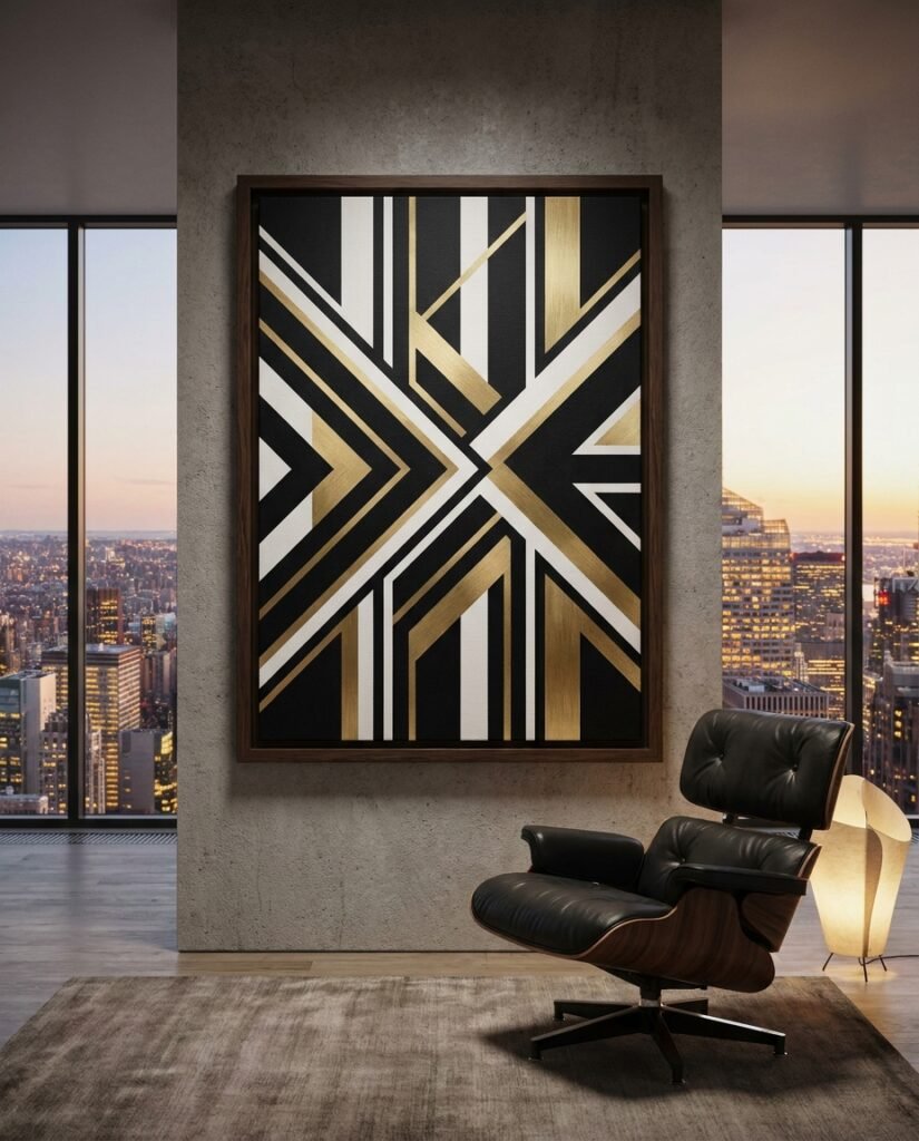 Large geometric canvas art in a dark wood frame, commanding attention in a luxury executive office, demonstrating how straight lines power design.
