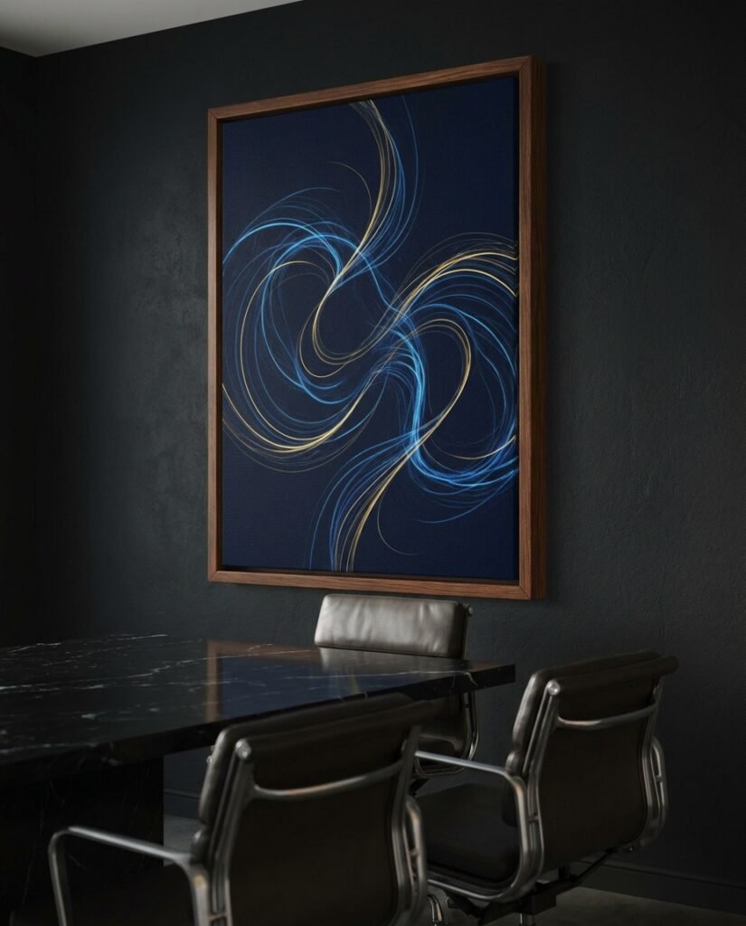 A large Framed Canvas with abstract AI art serving as the focal point for marketing agency office art and brand culture.