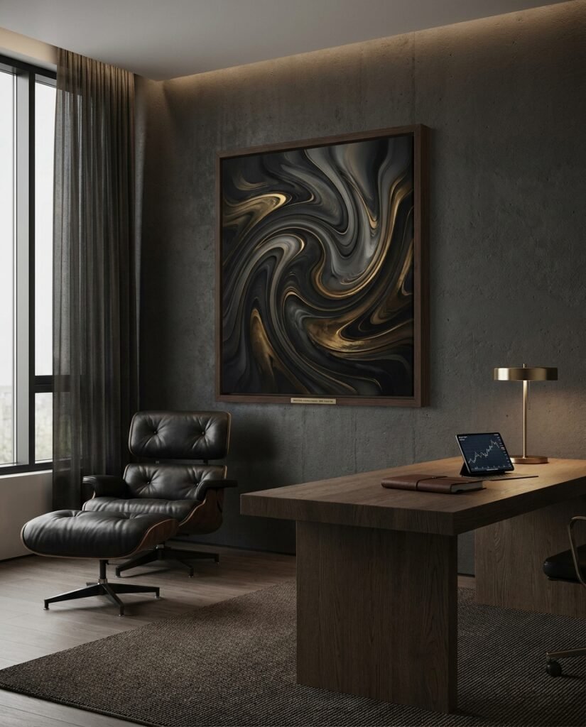 A large Framed Canvas with a dark wood frame displaying abstract AI art, central to a modern masculine decor in a luxury home office.