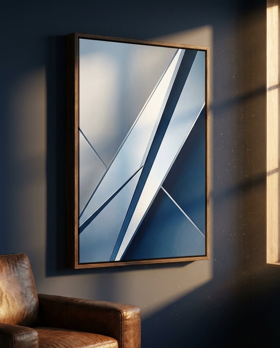 A curated luxury store design featuring a statement framed canvas as the focal point in a minimalist high-end retail space.
