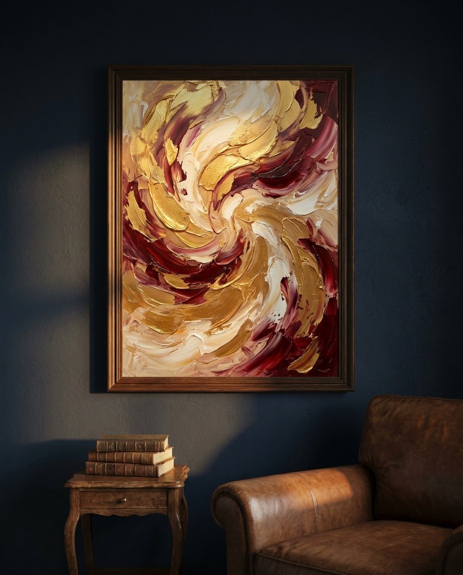 A Framed Canvas serving as a visual status symbol in a modern, minimalist executive space, a key aspect of buying premium art.