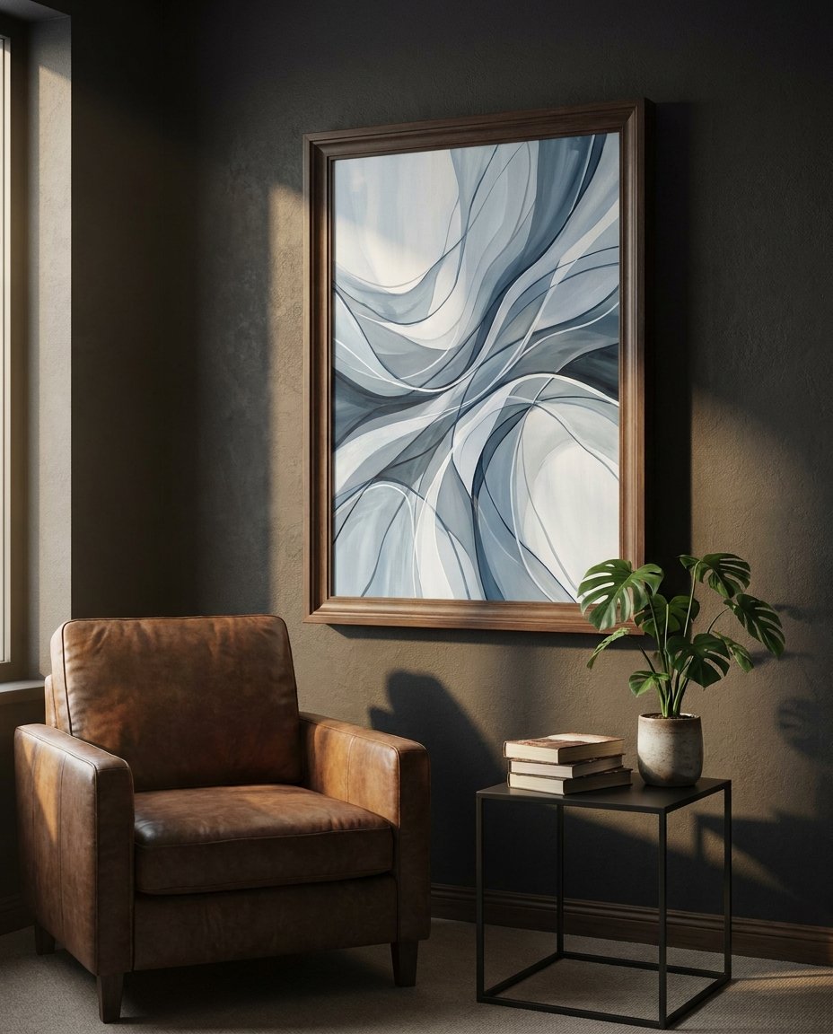A deep work environment design featuring a commanding Framed Canvas from Wolf Stack Shop as the focal point.