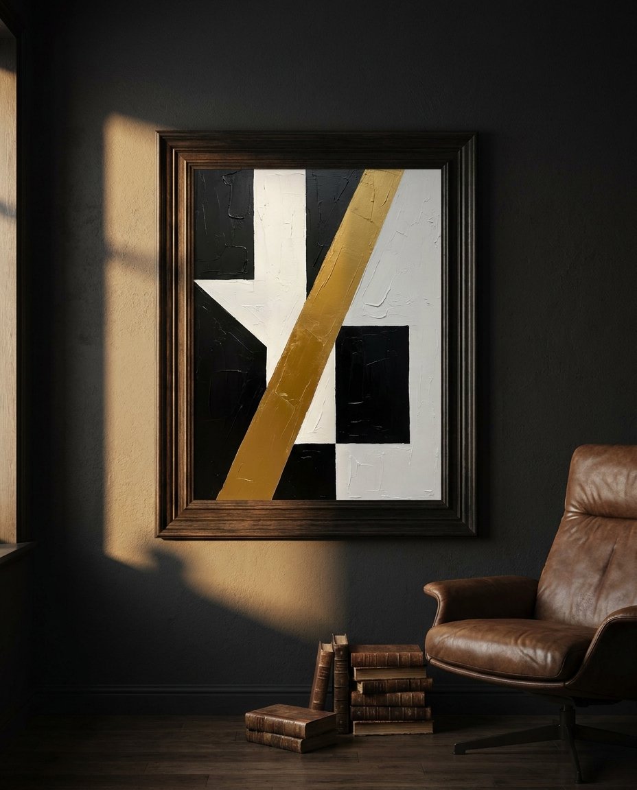 Sophisticated geometric wall art for office, a large Framed Canvas acting as the focal point in a minimalist, high-stakes boardroom setting.