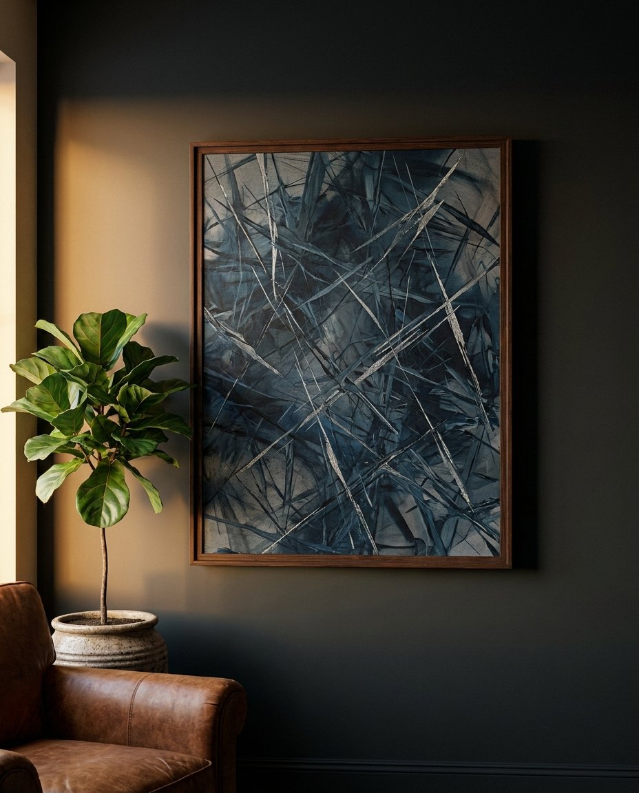 An example of sophisticated agency workspace design featuring a single, impactful piece of creative agency wall art from Wolf Stack.
