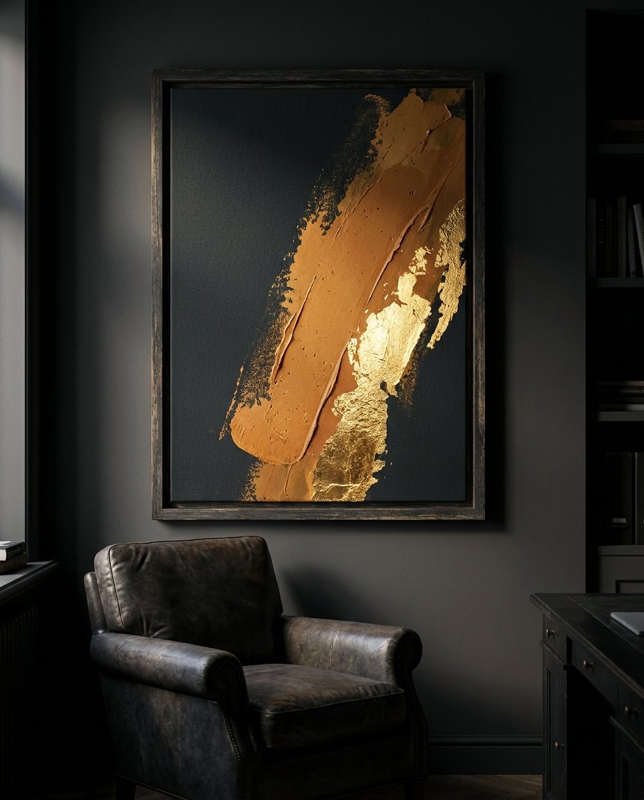 Expansive men home office art featuring a dark canvas in a dark wood frame, setting the tone for a minimalist and powerful interior.